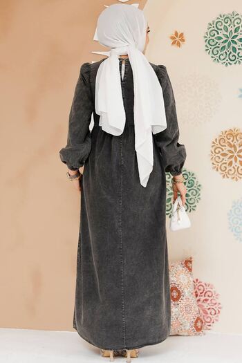 Neva Style Ανθρακί Χρώμα Τζιν Hijab Φόρεμα - 19122ANT