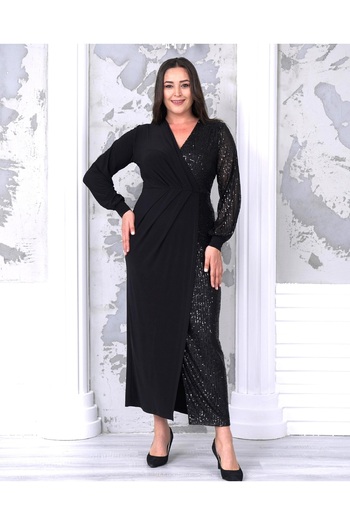 Şirin Butik Women's Black Plus Size Double Breasted Neckline Sequin Sequin Detailed Evening Dress