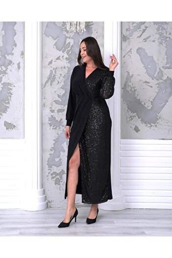 Şirin Butik Women's Black Plus Size Double Breasted Neckline Sequin Sequin Detailed Evening Dress