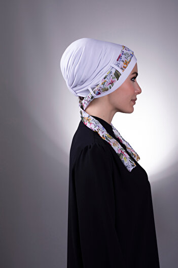 HÜRREM BONE White Practical Ready-made Interlocking Hijab Bonnet Sandy Fabric Patterned Chiffon Belt 1205d_42