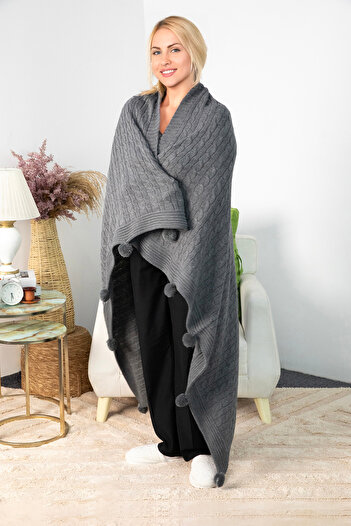 FAVORA Biocotton Knitwear Pompom Knitted TV Blanket - Anthracite