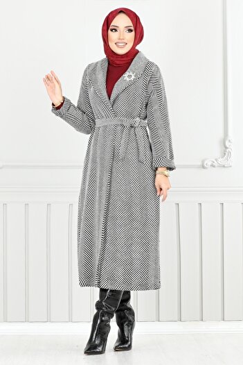 ModaMerve Gray Long Coat - Line Detail, Model 319Evo1065-M