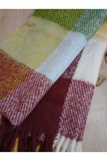 ENEFENDİ Color Checkered Puffy Shoulder Shawl - Burgundygreenyellow, Soft, Double-Sided, Winter, Warm 45X185