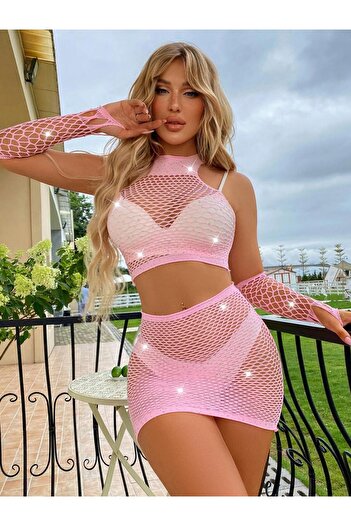 Bernato Shiny Stone Detailed Fuchsia Mesh 4-Piece Fancy Set
