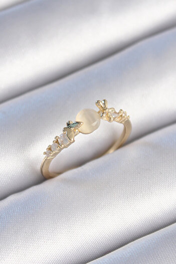 Skygo Brass Gold Color Zircon Stone White Enamel Butterfly Detail Women's Ring - Tj-Byk3462