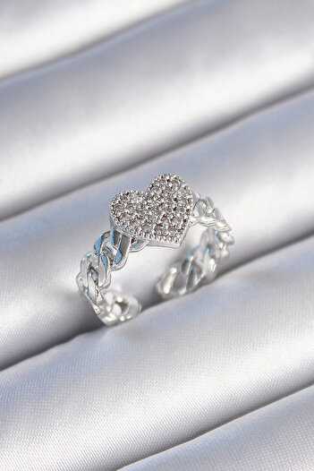 Skygo Brass Silver Color Chain Cord Zircon Stone Heart Model Women's Ring - Tj-Byk3484