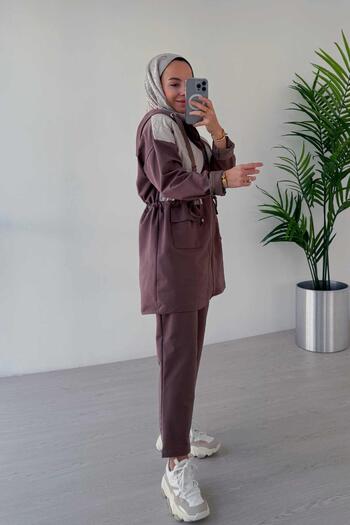 Ka Hijab Rope Binding - 2-Piece Hijab Set with Double Pocket Cover, Brown