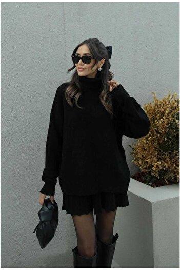 BlueTex Black Knitwear Pleated Mini Skirt and Fishing Sweater Set