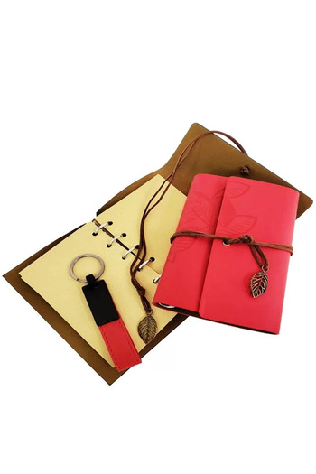 Skygo Red Leather Notebook and Keychain Set with Special Wooden Box