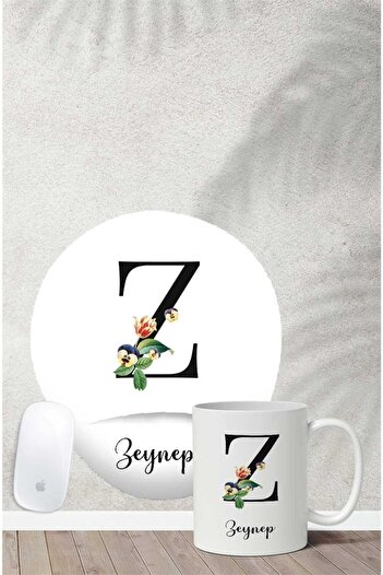 Gizeo Concept Z Harfli Isme Özel Çiçekli Bilek Destekli Mouse Pad Kupa Seti