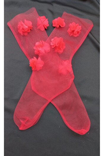 VENÜS MODA by Pınar Valentine's Day Gift Red Lycra Tulle Socks Floral Tulle Socks Red Socks