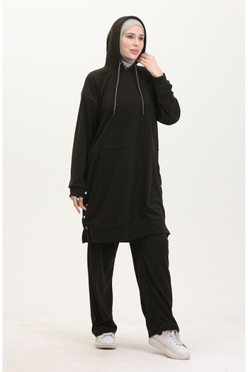 sefamerve Khaki Green Hooded Astana Fabric Tunic and Pants Set - 0553-02