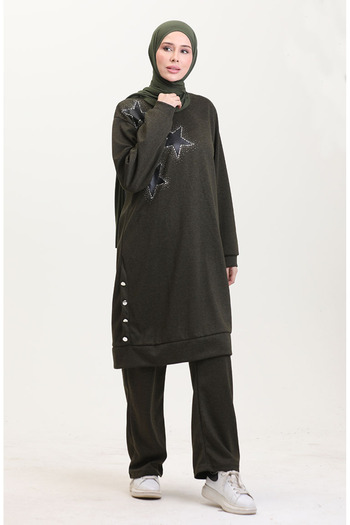 sefamerve Khaki Ecrin Fabric Tunic and Pants Set - 0555-01