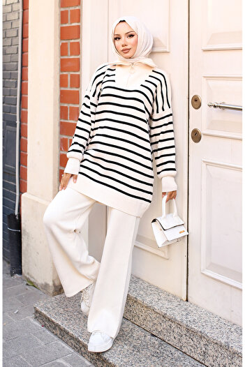 sefamerve Stone Colored Striped Knitwear Set - 3110-02