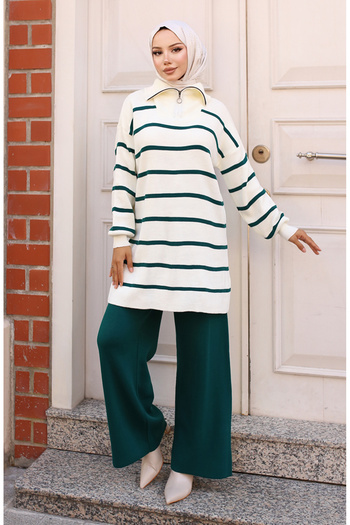 sefamerve Emerald Green Zippered Striped Knitwear Set - 11034-01