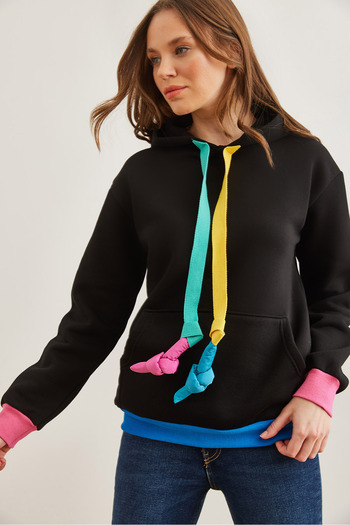 Olalook Women's Black Hooded Sweatshirt - Lacing Detail, Raster Swt- 19000710