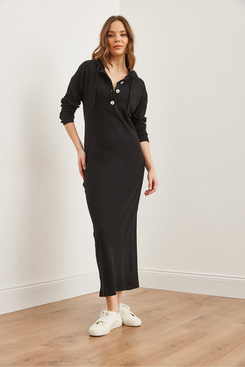 Olalook Women's Black Buttoned Hooded Oversize Ribbed Maxi Dress Elb- 19002319