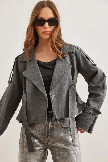 Olalook Women's Smoked Lined Belt Detailed Crop Jacket Ckt- 19000412