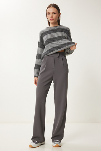 Happiness İstanbul Women's Anthracite Velcro Waist Comfortable Woven Trousers RV00150