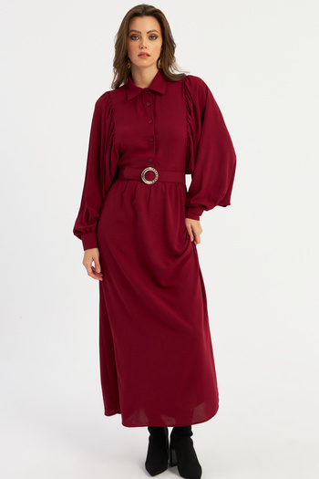 Cool & Modest Burgundy Maxi Dress - Belt Detailed, Masf15