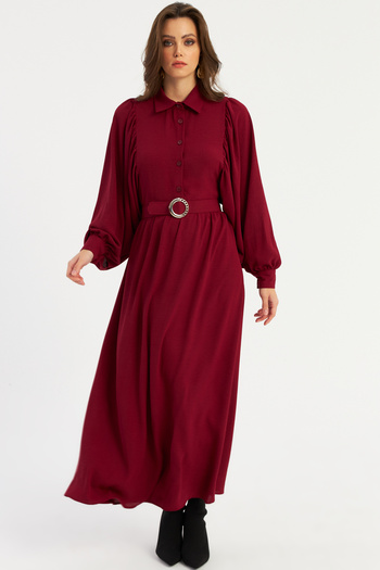 Cool & Modest Burgundy Maxi Dress - Belt Detailed, Masf15
