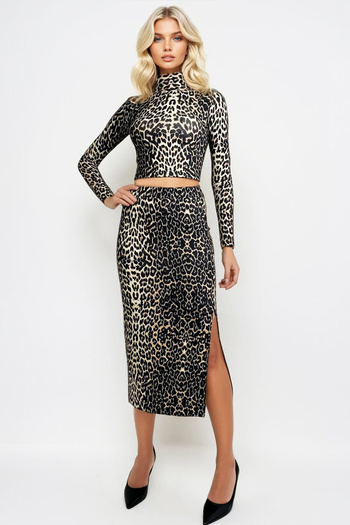 Trend Alaçatı Stili Leopard Print Soft Textured Crop Blouse and Maxi Skirt Set - Alc-X13326