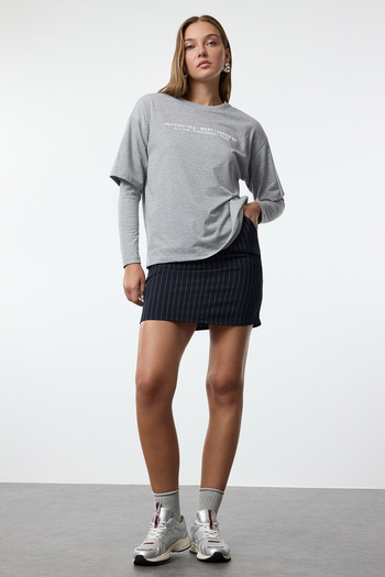 Trendyol Collection Grey Thick Cotton Relaxed/Casual Fit Slogan Embossed Printed Knitted T-Shirt Twoaw25Ts00014