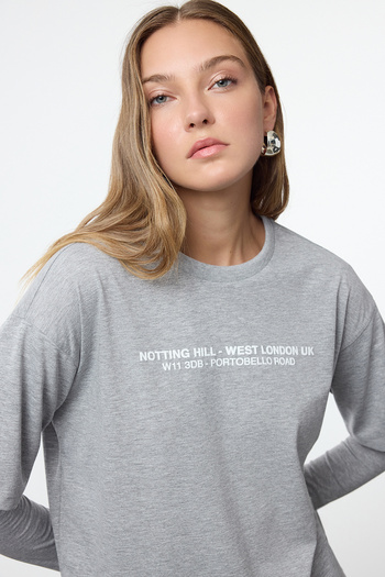 Trendyol Collection Grey Thick Cotton Relaxed/Casual Fit Slogan Embossed Printed Knitted T-Shirt Twoaw25Ts00014