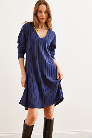 Olalook Women's Navy Blue Thick Ribbed V-Neck Mini Dress Elb- 19002321
