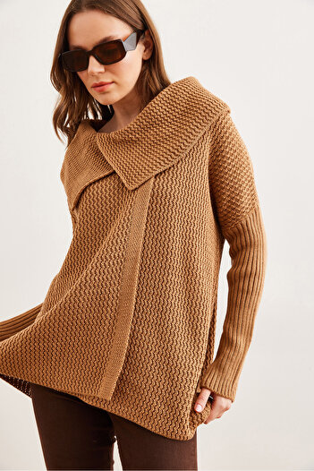 Olalook Women's Tan Wrap Collar Buttoned Knitwear Cardigan Hrk- 19000326