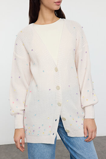Edit by Trendyol V-Neck Stone Detailed Knitwear Cardigan - Tedaw25Th00006
