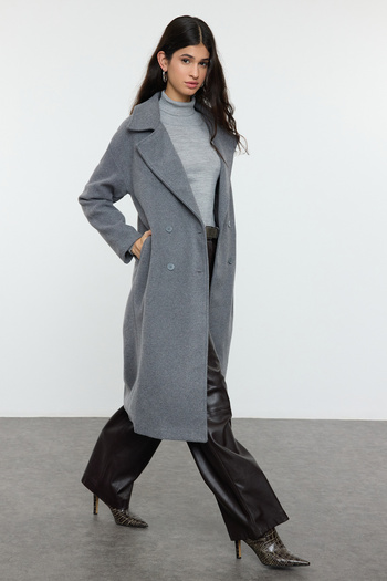 Trendyol Collection Dlouhý vlněný šedý oversize kašmírový kabát - Twoaw21Kb0038
