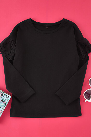 TRENDYOLKIDS Black Female Child 100% Cotton Basic Ruffle Detailed Short Sleeve Knitted T-Shirt/Blouse Tkdaw25Ts00008