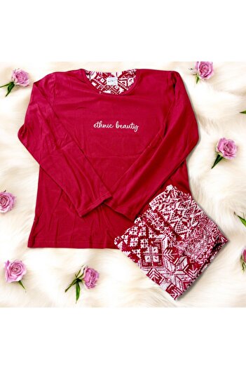 Mihra 14102-10 Claret Red Ethnic Snowflake Patterned Thermal Pajama Set