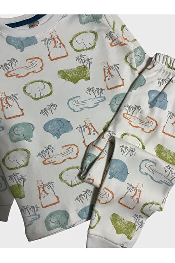 elmas kids Set de pijamale cu mânecă lungă, 100% bumbac, alb, crocodil, elefant, girafă