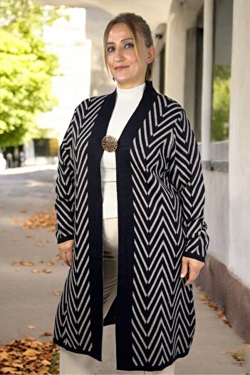 yagmurberen China Patterned Broch Detailed Long Sleeve Shal Collar Large Size Knitting Cardigan