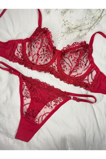 ROZENİN LINGERIE New Year's Gift Red Floral Underwire Capless Embroidery Bra Set (Large and Small Size)