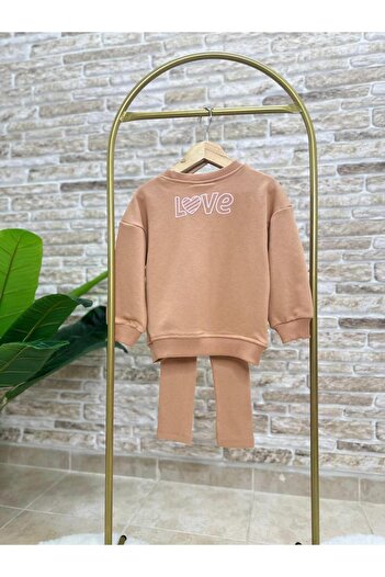 Magu Love Patterned Basic Cotton Brown Sweatshirt Leggings Set Bottom-Top Set Girls