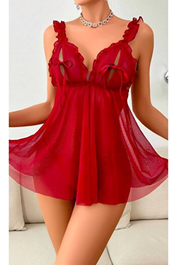 Bluewhs Women's Special Stylish Transparent Tulle Detailed Burgundy Nightgown Set