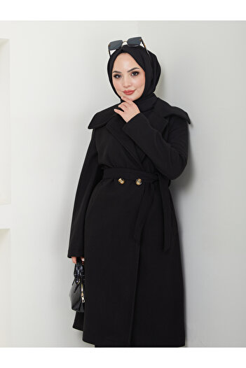 VOLT CLOTHİNG Women's Shawl Collar Buttoned Belted Cashmere Coat