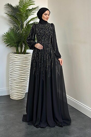 MERVEN AKYÜZ Black Chiffon Balbina Stones Mevlana Evening Dress