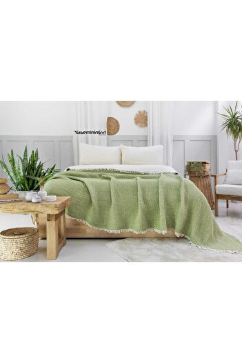 YASEMİNİNEVİ Muslin Pistachio Green Quilt-Bed Cover - Single