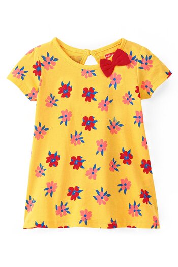 Babyhug Babyhug 100% Cotton Knit Half Sleeves Frocks With Floral Print Pack of 2- Red & Yellow