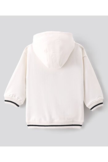 Bonfino Bonfino 100% Cotton French Terry Knit Full Sleeves Hooded  Sweatjacket with  Text  Embroidery -Ivory