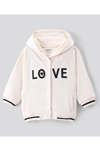 Bonfino Bonfino 100% Cotton French Terry Knit Full Sleeves Hooded  Sweatjacket with  Text  Embroidery -Ivory