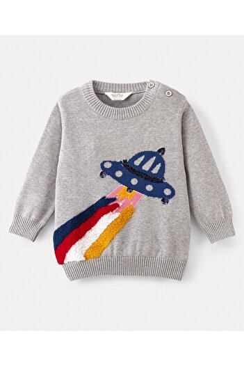 Bonfino Bonfino 100% Cotton Knit Full Sleeves Pullover Sweater Spaceship Design - Grey