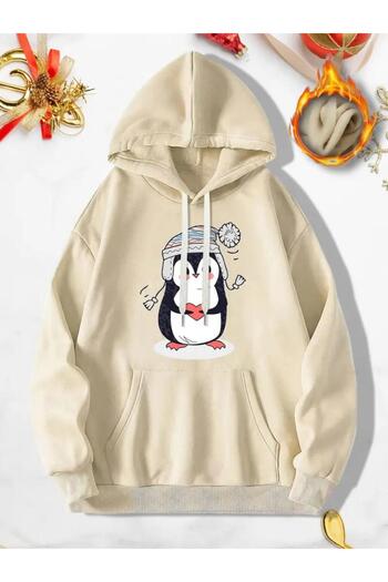 caddekombin Cap Penguin Print 2 Thread Raster Pocket Hooded Sweatshirt