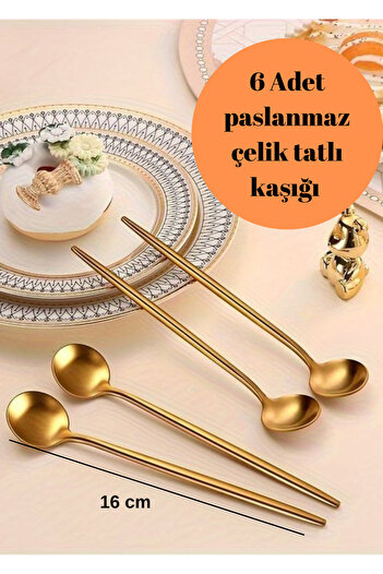 BRE HOME 6 Adet Gold Paslanmaz Yuvarlak Form Tatlı Kaşığı, 1.kalite 3 Mm 16 Cm