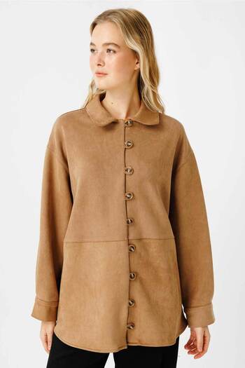 Hooopstore Πουκάμισο Suede Birit με λεπτομέρειες Camel Suede