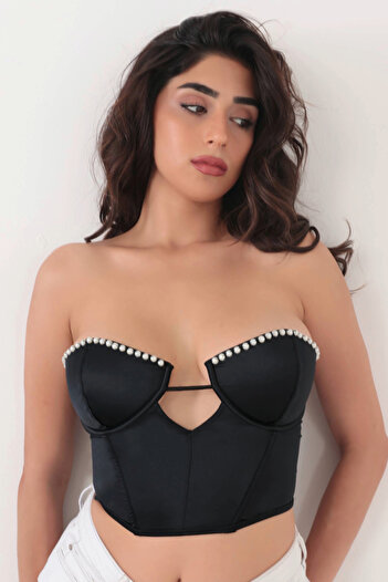 Brandpanty Sophie Women's Black Crop Top Bustier - Strapless, Pearl Detail and Tulle Underwire Back 5630084